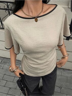 Cream Short-Sleeve Blouse with Black Trim — Women’s Sophisticated Top